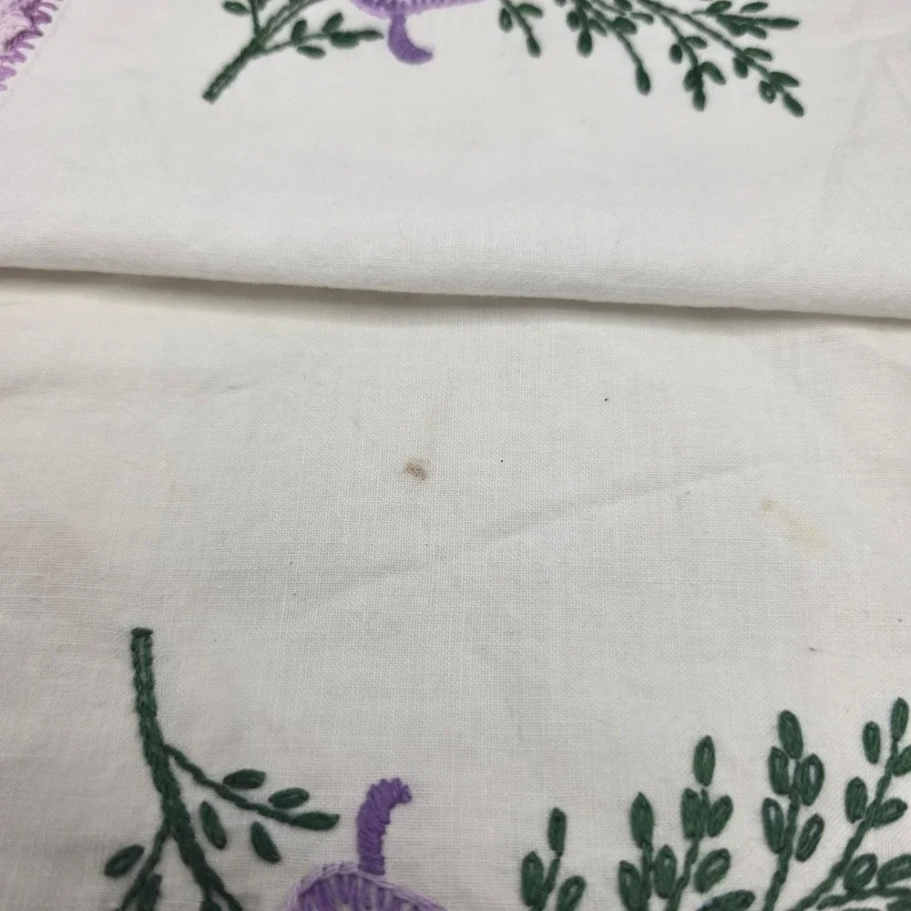 Vintage Hand Embroidered Dresser Scarf Purple Orchid Crochet Edge Table Runner